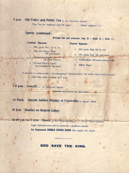 Silver Jubilee Prog 1935 p3.JPG - Silver Jubilee of King George V and Queen Mary  - Programme -  May 6th 1935    Old Folk's Tea, Children's Sport, Cocert, Fireworks, Bonfire and Dance  